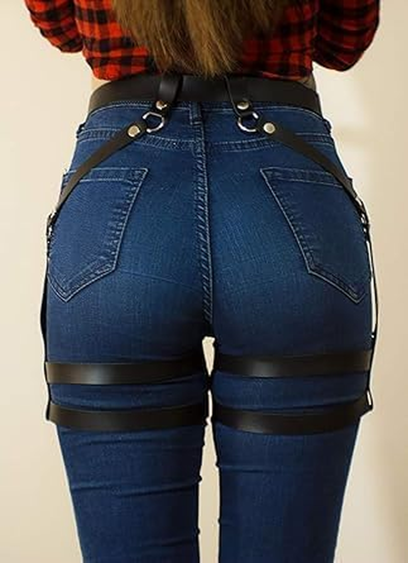 Women&rsquo;S Black Leather Body Chain Harness Garter Belt Adjustable Waist Leg Cincher Cage image number 5