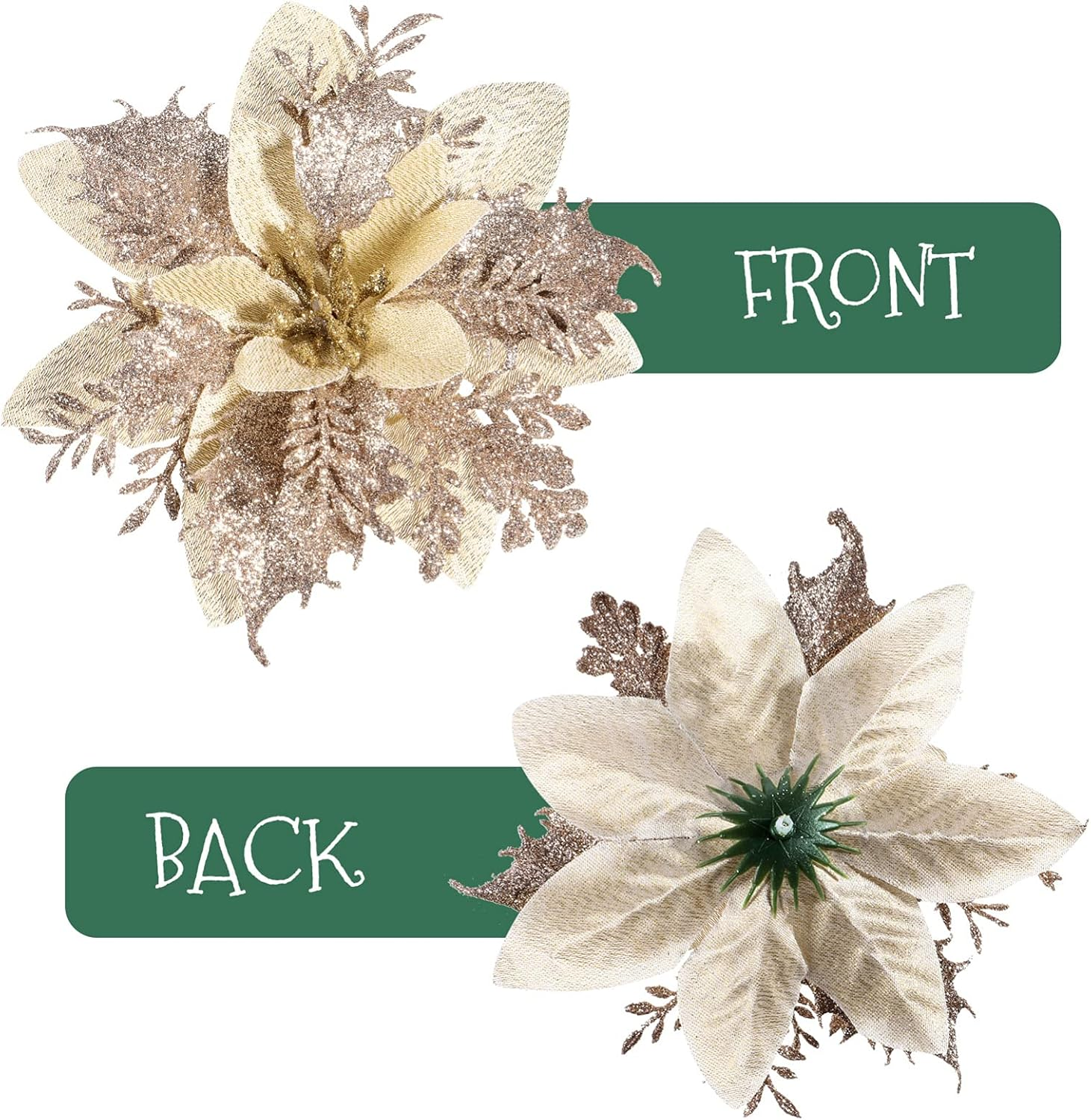 Kisangel 12Pcs Christmas Tree Picks, Artificial Poinsettia Glitter Flowers with Stems and Clips, Xmas Tree Flowers for Wedding Party Ornaments, Gold image number 5