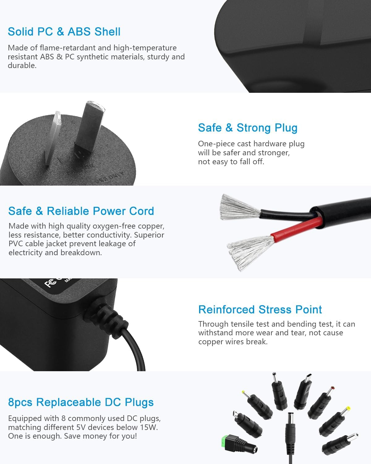ALITOVE 5V 1A Power Supply 5 Volt 1A 5W Power Adapter 100-240V AC to DC 5V Universal Power Cord AC/DC Converter with 5.5X2.5Mm 5.5X2.1Mm 4.0X1.7Mm 3.5X1.35Mm 3.0X1.1Mm 2.5X0.7Mm Micro-Usb Type-C Tips image number 1