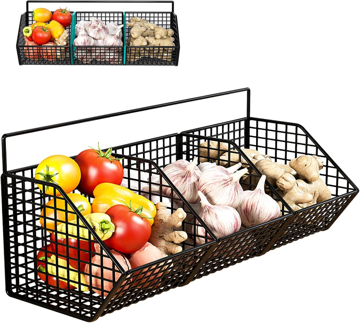 Metal Hanging Fruit Basket for Kitchen Wall,3 Grids Metal Wire Fruit Vegetable Baskets,Bathroom Wall Storage Basket,Rust-Resistant Sturdy Fruit Vegetable Baskets（Black） image number 3