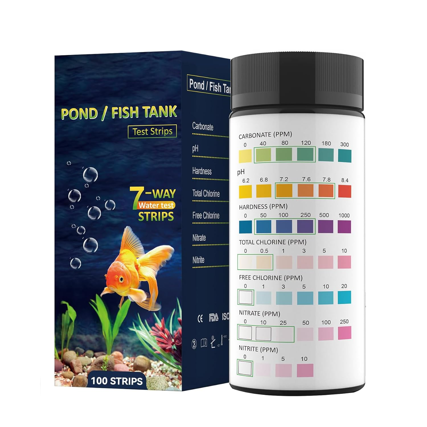 7 in 1 Aquarium Test Strips, 100 Strips Fish Tank Water Quality Test Freshwater Saltwater Test Kit for Test Nitrate, Nitrite, Chlorine, Hardness, Alkalinity, Carbonate, Ph -Aquarium Water Testing image number 1