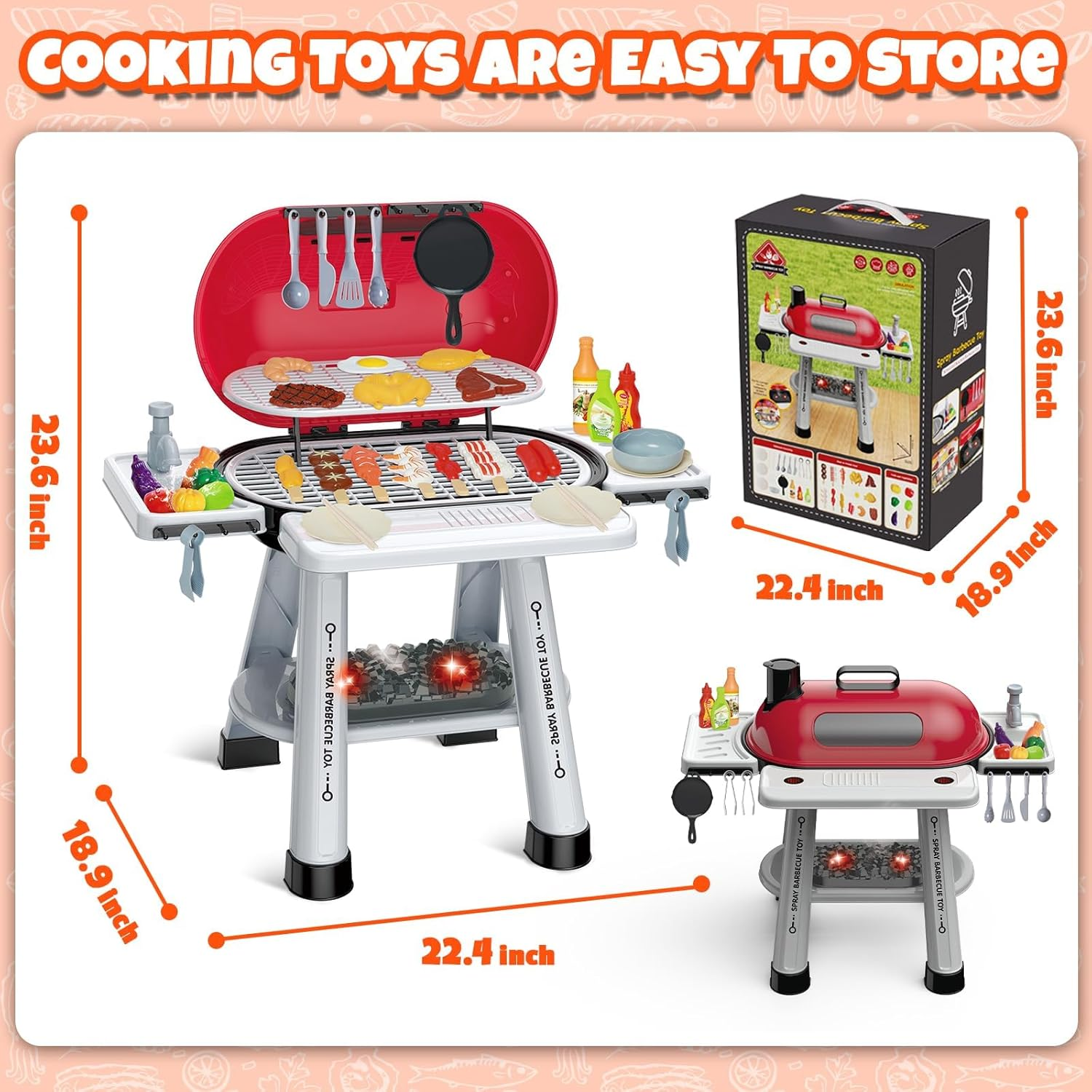 Kids BBQ Grill Toy Playset - Barbecue Toys 68PCS Camp Cooking Set, Pretend Play Grill Toddlers Outdoor Activity - Little Chef Interactive BBQ with Light&Sound Birthday Gift for Boys Girls Age 3+