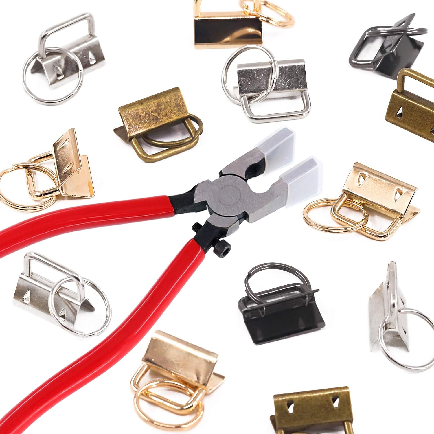 Swpeet 41 Sets 1" 25Mm 4 Colors Key Fob Hardware with 1Pcs Key Fob Pliers, Glass Running Pliers Tools with Jaws, Studio Running Pliers Attach Rubber Tips Perfect for Key Fob 4Hardware Install - Gold image number 3