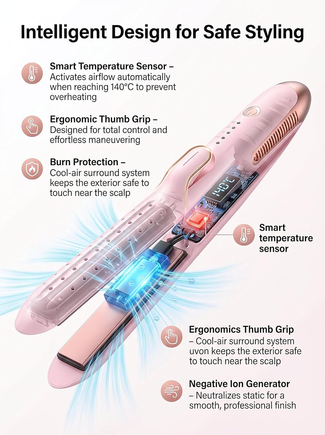 Cool Air Styler 2-In-1 Hair Straightener and Curler | 360&deg; Airflow for Damage-Free Styling & Long-Lasting Hold, Ionic Anti-Frizz Tech AU Plug (Pink) image number 5