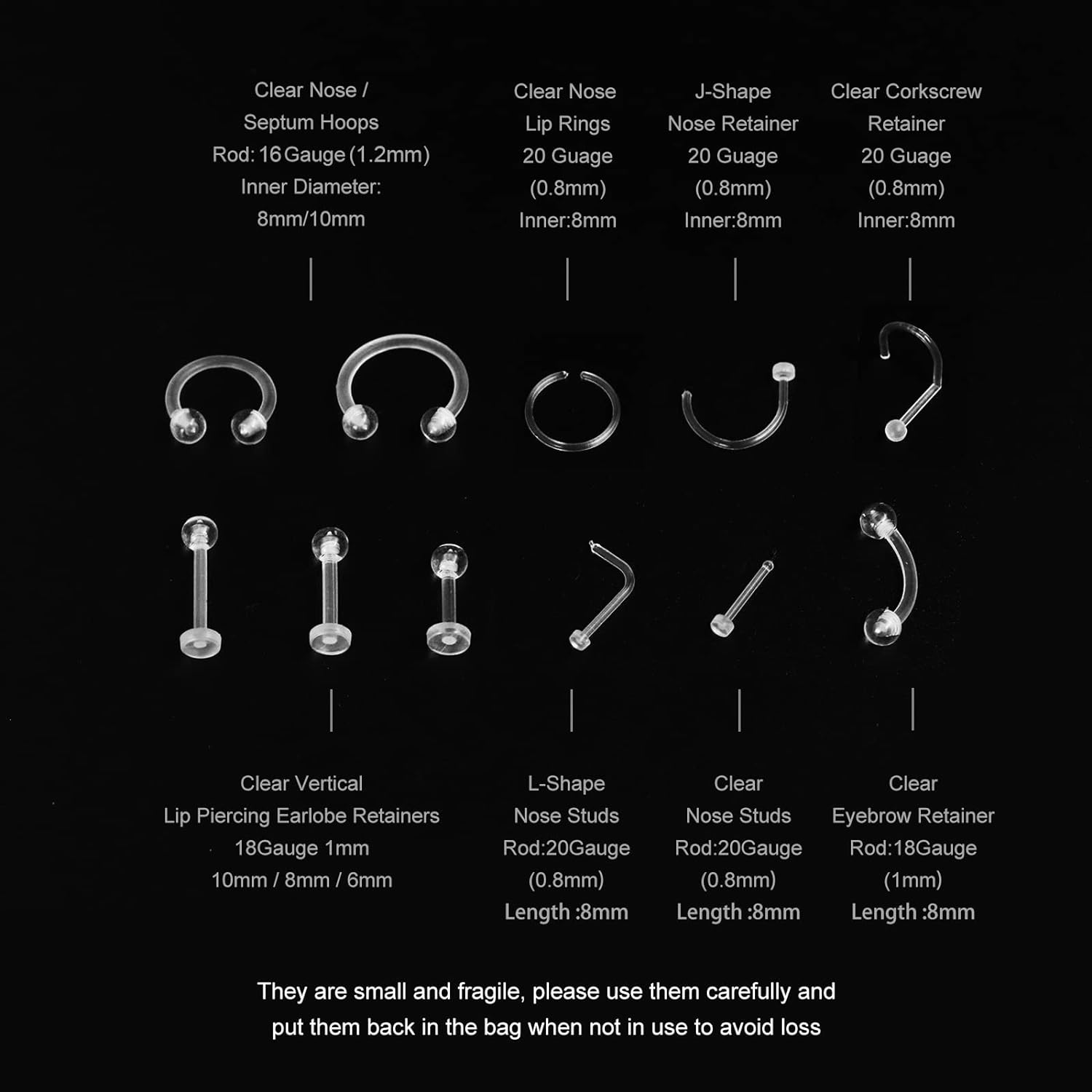 48Pcs Clear Piercing Retainers Jewellery Plastic Nose Tongue Nipple Belly Bars Eyebrow Lip Labret Stud Septum Hoops Cartilage Industrial Tragus Earring Retainer for Surgery Mri