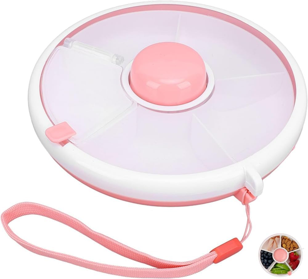 Walquicks Snack Spinner with Hand Strap Reusable Snack Container with 5 Compartments and Lid, Portable Melon Candy Seeds Organizer Storage Boxes, Leak-Proof Divided Snack Serving Tray for Travel image number 5