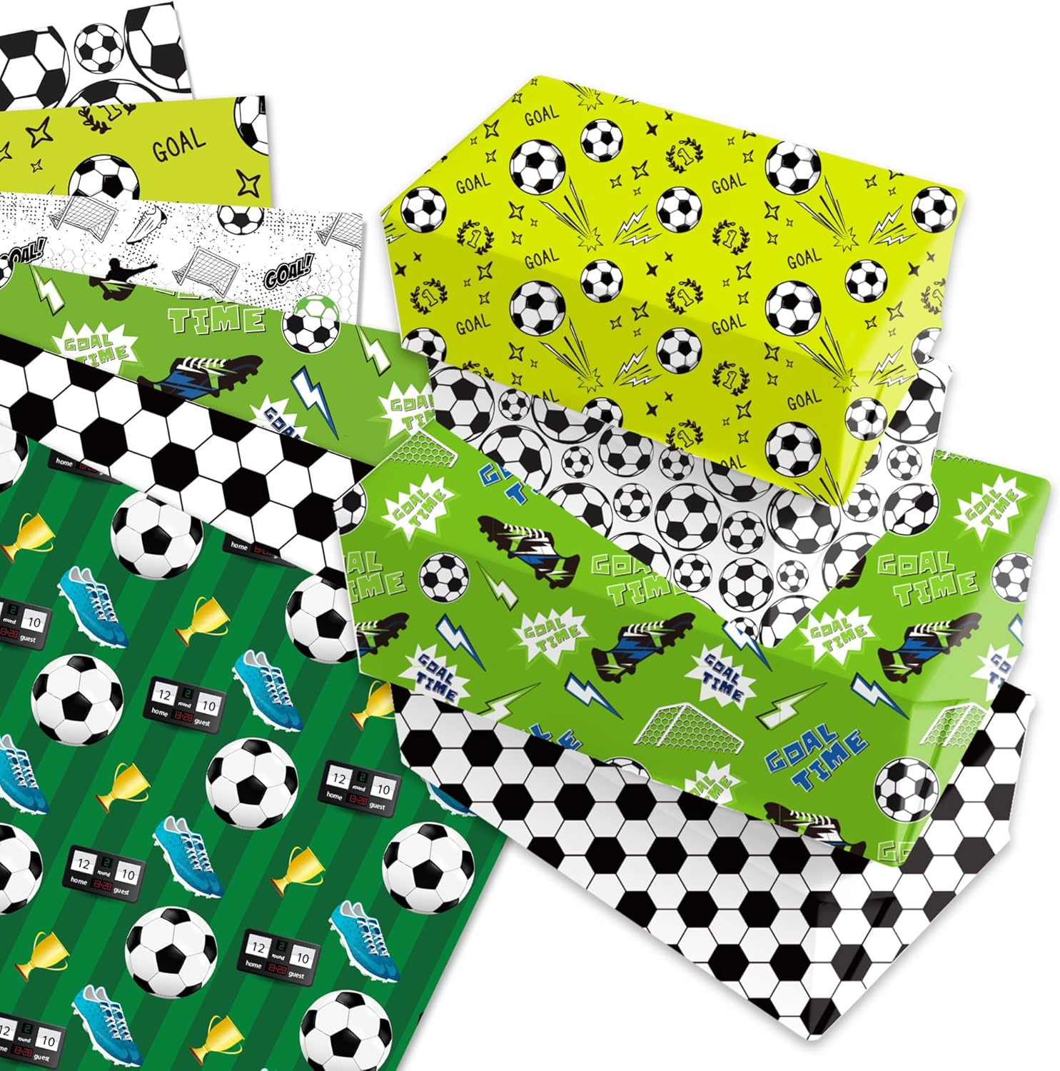 PQCLXUYA 12 Sheets Football Wrapping Paper,Boys Men Birthday Wrapping Paper Sheets with Sport Soccer Green White Mixed Design for Boys Girls Birthday Presents Party, Football Fans Gift (70X50Cm)