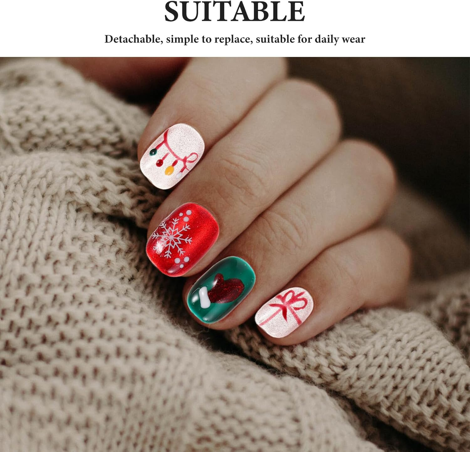 BAZEITFLOW Christmas Short Press Nails Snowflake Candy Cane Art Stickers Square False Nails with French Tips Festive Holiday Manicure for Women image number 2