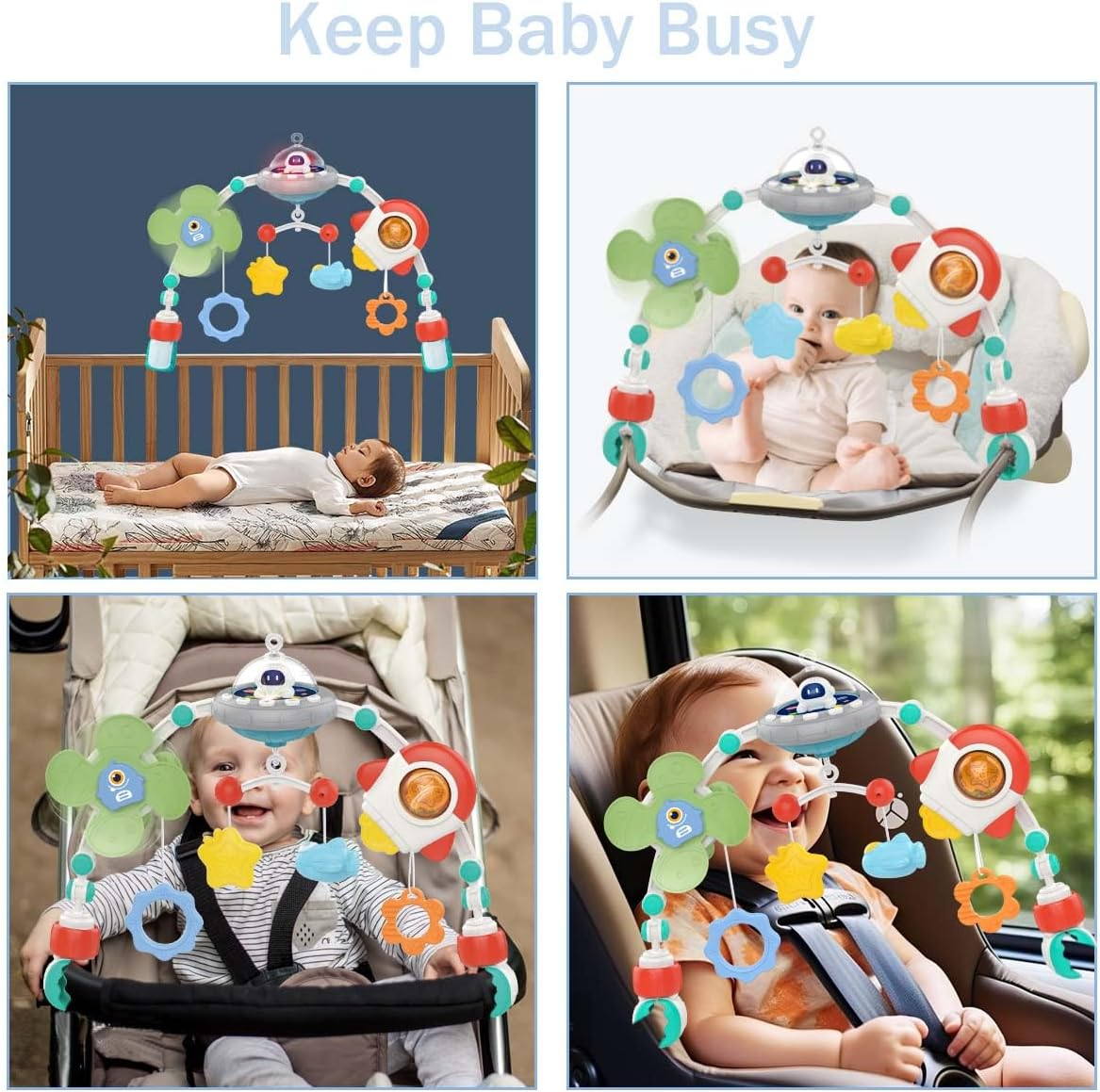 Baby Stroller Arch Toy, Adjustable Car Seat Toys with Musical and Projector for Infants 0-12 Months Babies, Montessori Sensory Rotating Space Rocket Crib Bassinet Travel Gift Toys image number 3