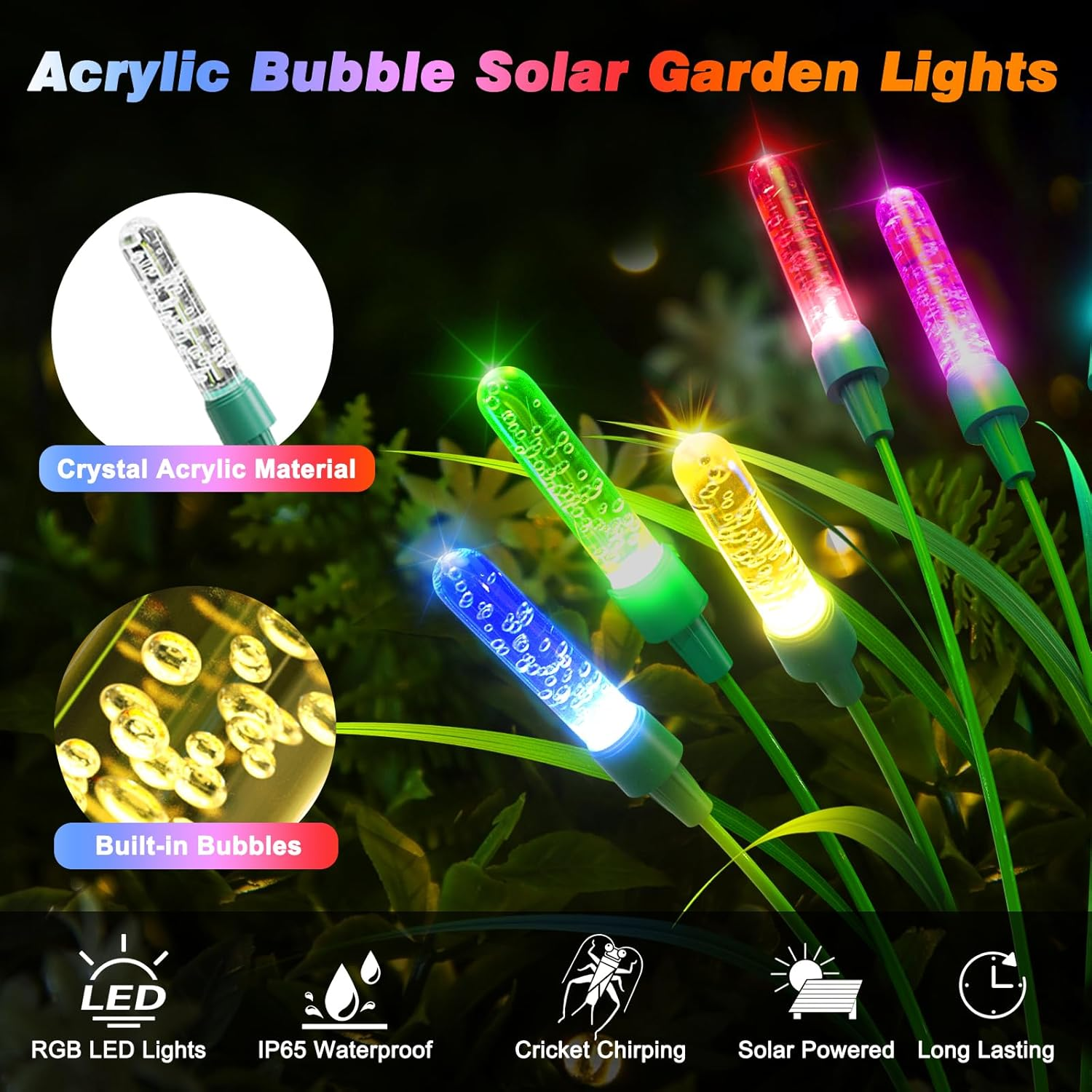 Bluefire 2 Pack Solar Garden Lights, 30 Inch Crystal Solar Reed Garden Lights with 12 Bulbs, Waterproof Outdoor Patio Light for Pathway Yard Walkway Patio Lawns Wedding Party(Multicolor) image number 2
