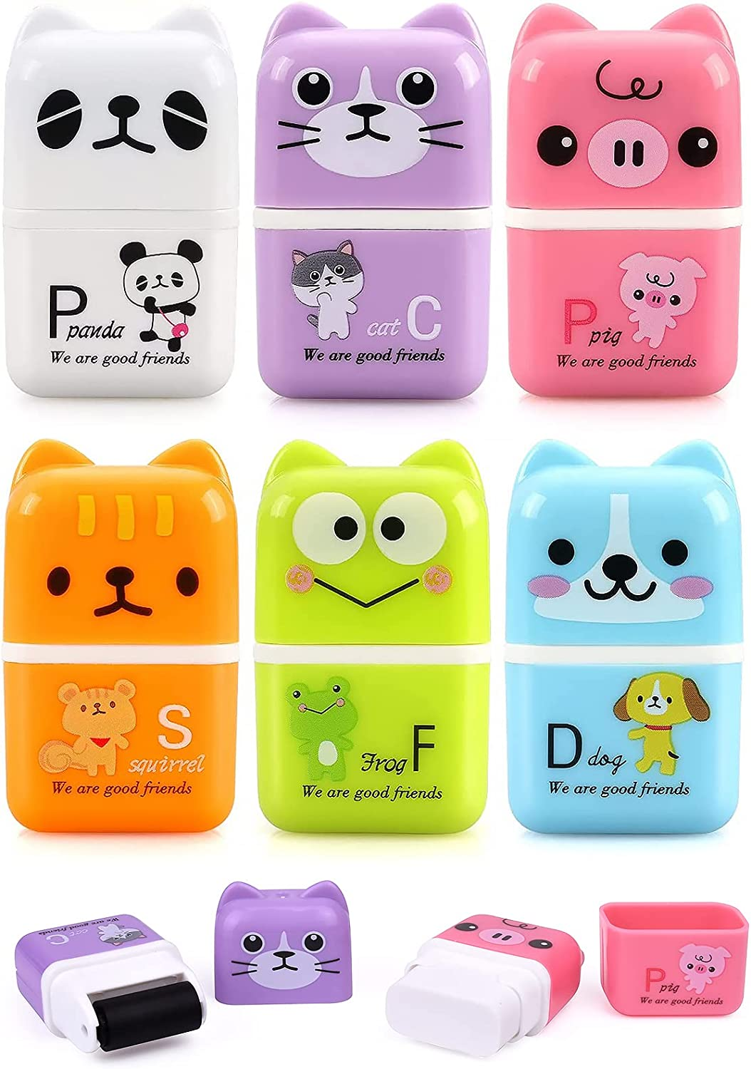 SAYEEC Cute Pencil Erasers, Cartoon Animal Themed Erasers with Cover and Roller, Removal Pencil Eraser Shaving Roller Case Eraser for Kids School Office Stationery Supply Party Gift (6 Pack) image number 2