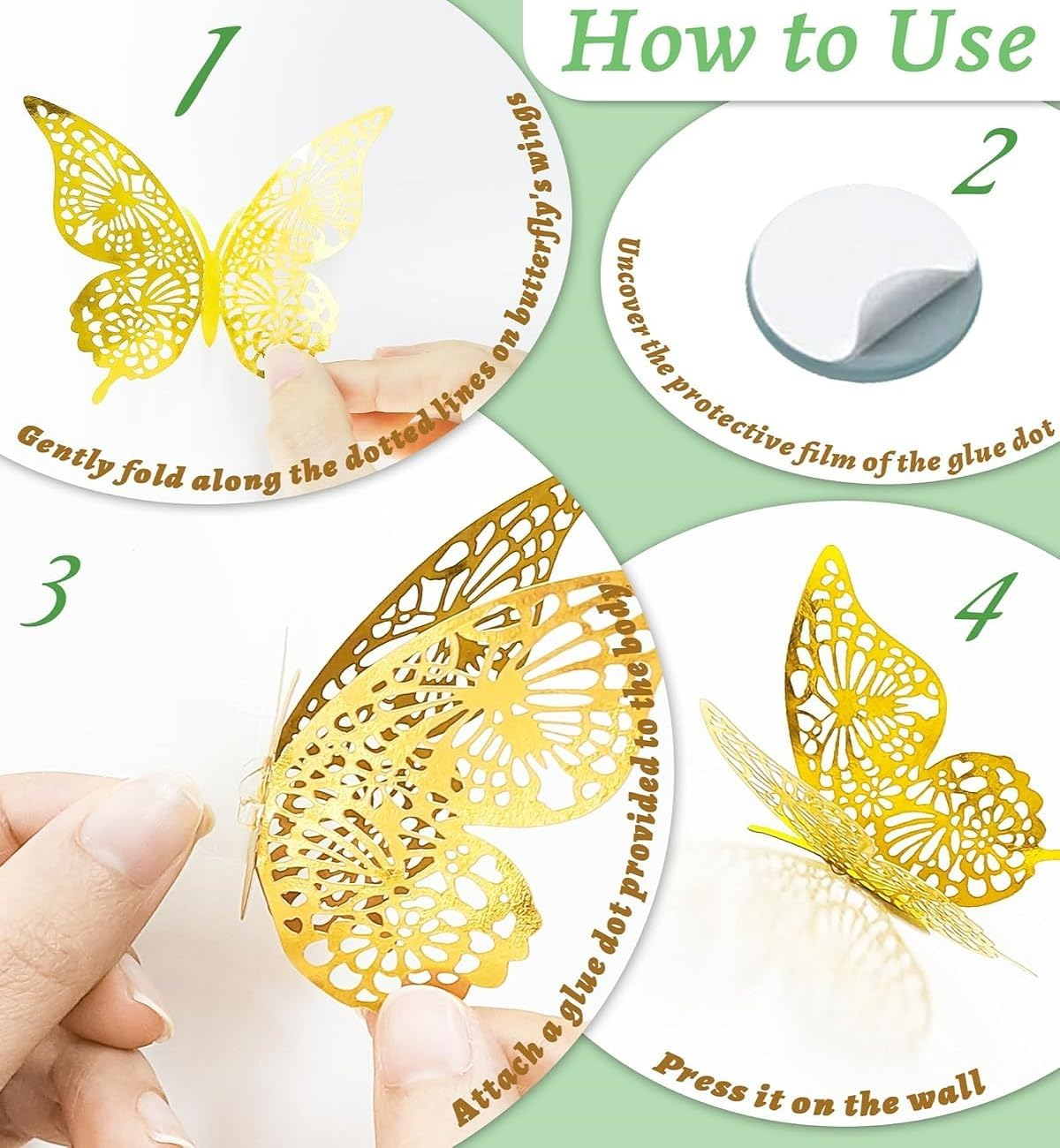 WADY 48 Pcs Butterfly Decorations 4 Styles 3 Sizes, 3D Butterfly Wall Decor Gold Party Decorations, Removable Stickers (Gold) image number 1