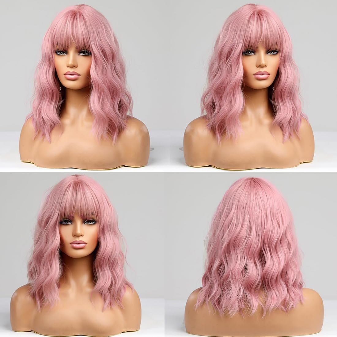 24 Inches Women Girls Short Curly Synthetic Wig with Bangs Lovely Pink image number 2