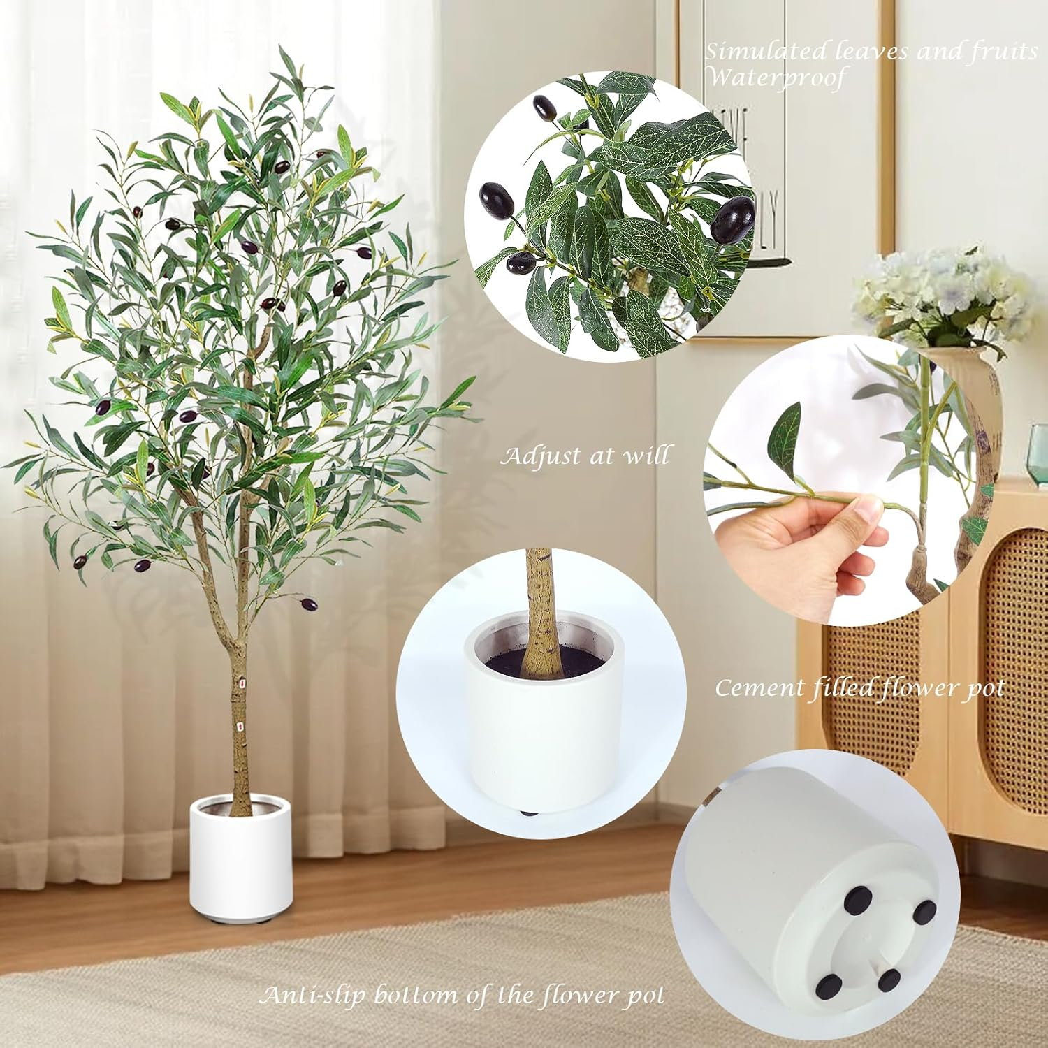 Lenamos Olive Trees Artificial Indoor, Tall Faux Olive Tree with White Tall Planter, Artificial Plants with Natural Wood Trunk and Lifelike Fruits for Home Office Decor (4.3Ft/130Cm) image number 2