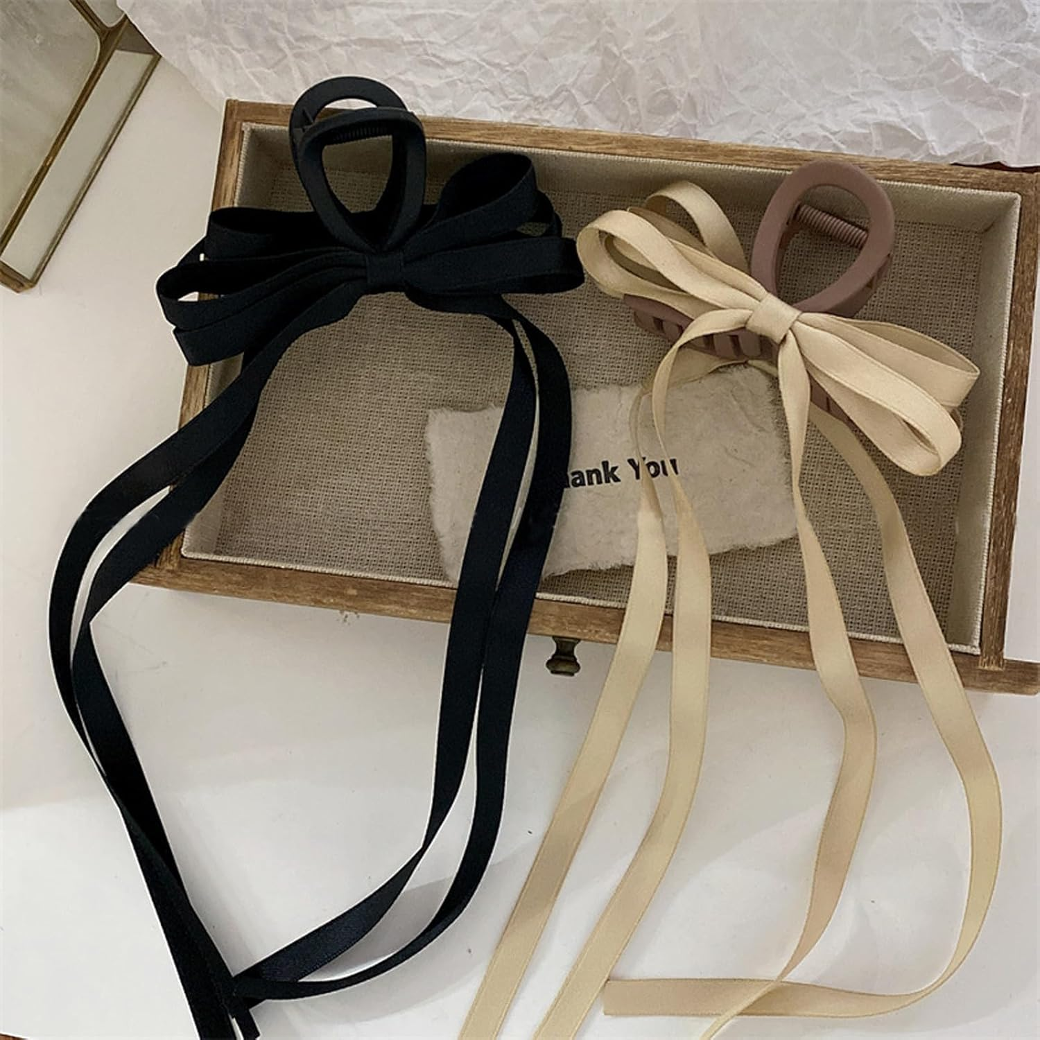WEIPUER Pack of 2 Bows Hair Clips with Long Tail, 8 Cm Long Tassel Ribbon Hair Clips, Women'S Hair Clip for Girls, Large Hair Clips for Long Hair (Brown and Black) image number 2