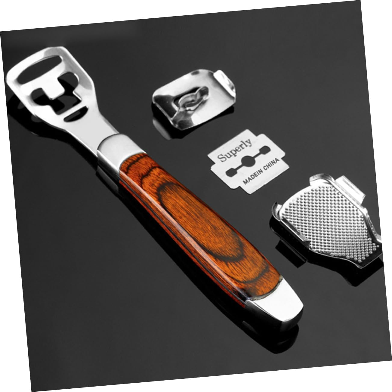 Baluue Stainless Steel Foot File Scraper Set (3 Pieces) Dead Skin Remover Callus Remover Tool Pedicure Kit for Men and Women Sturdy Easy to Use Comes in Assorted Color Wooden Box image number 6