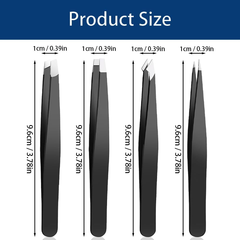 Tweezer Set for Man Women,Precision Tweezers for Facial Hair Eyebrow Chin,4Piece Stainless Steel Tweezers(Black). - Black image number 5