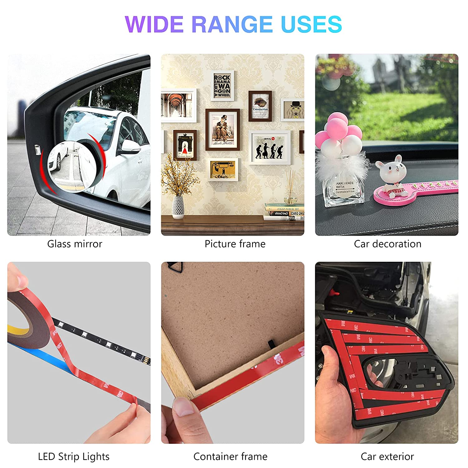 2 Pack 3M Double Sided Tape, Heavy Duty Mounting Tape, Adhesive Foam Tape Made with 3M for Home Office Car Automotive LED Light Decor Hanging（1Cm*300Cm, Thickness:0.8Mm） image number 5