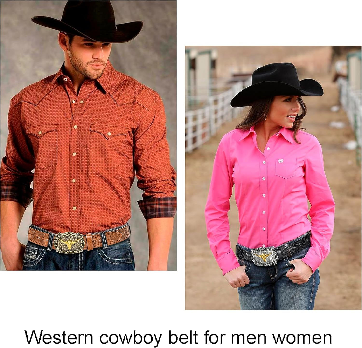 Men Women Western-Cowboy-Belt PU Leather Floral Engraved Bull Buckle-Belts for Jeans (For 27" to 41" Waist) image number 6