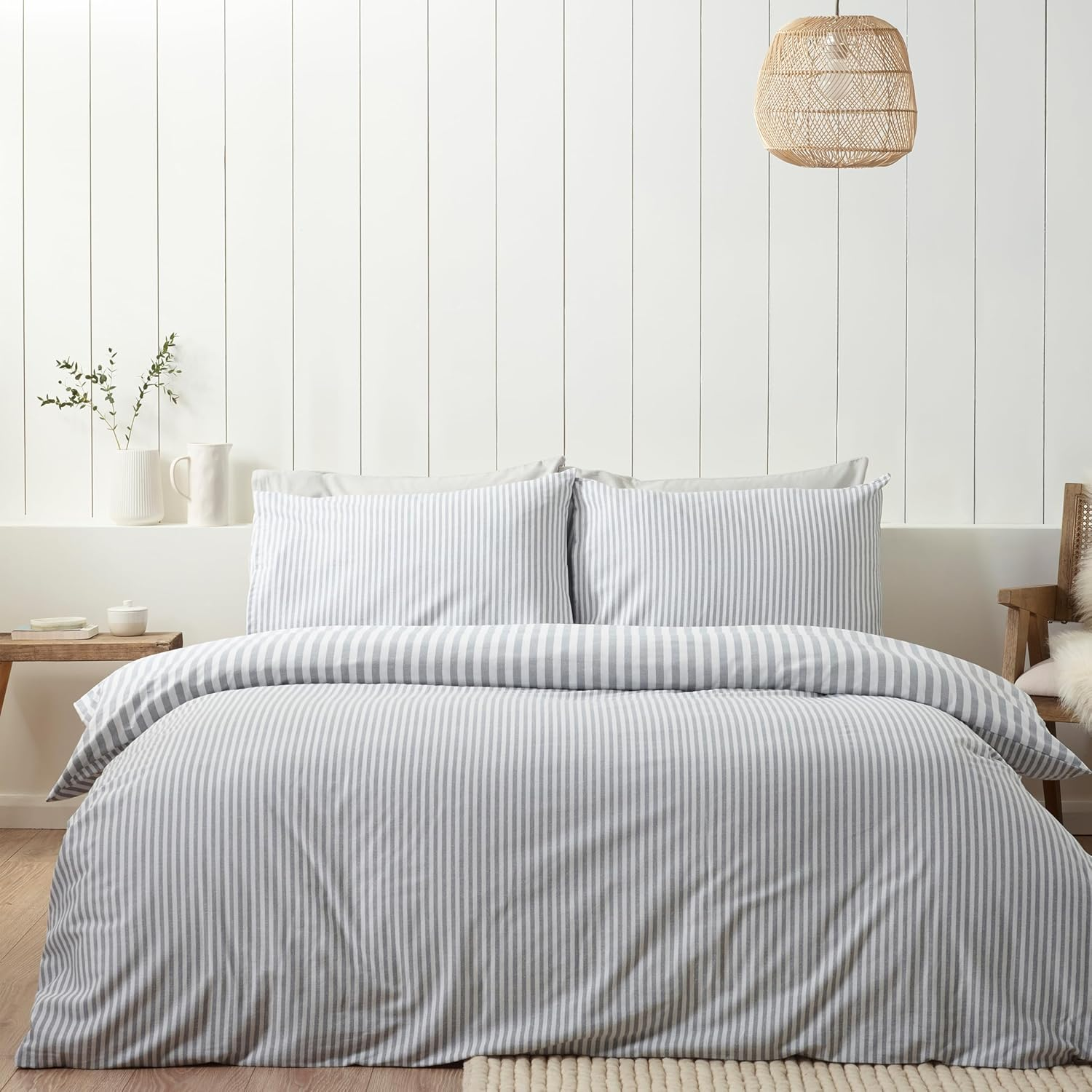 Catherine Lansfield Brushed Stripe Cotton Reversible King Duvet Cover Set with Pillowcases Silver Grey