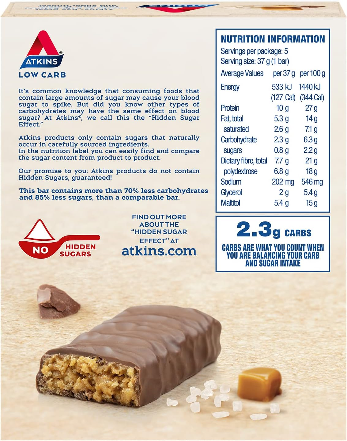 Atkins Sea Salt Caramel Crisp Bars, High Protein and Fibre, 185 G, Pack of 5 image number 1