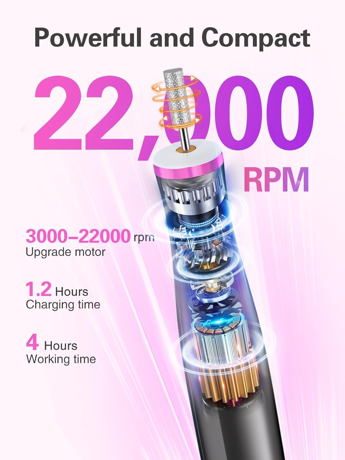 Cordless Nail Drill, Portable Electric Nail File with LED Light for Acrylic Gel Nails, Rechargable 22000RPM Nail Efile Drill Machine Kit with 6 Nail Drill Bits for Home Manicure Pedicure, Gray - Purple image number 4