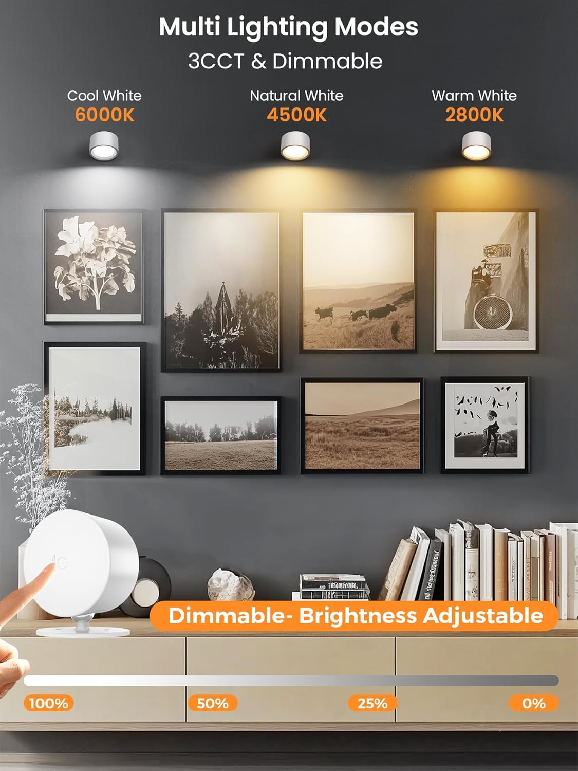 LED Wall Lights Battery Powered, 3 Color Temperatures and Dimmable, Wall Light Rechargeable Lamp 360&deg; Rotation Magnetic Cordless Picture Lights for Bedroom - 2 Pack image number 4