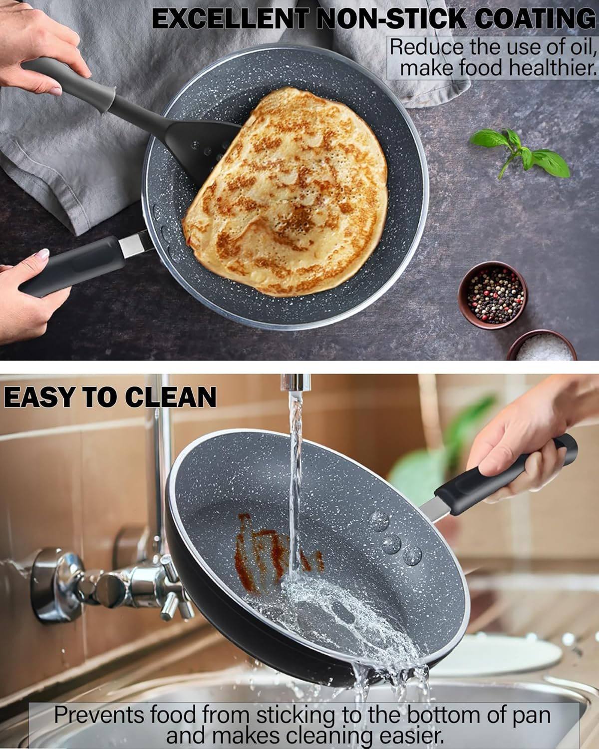 Cook N Home Professional Marble Fry Pan Nonstick, 8"/10" 12", Black image number 6