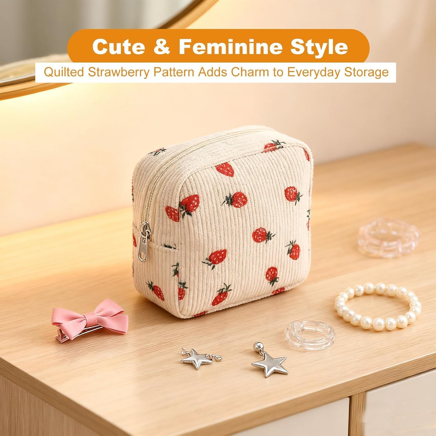 Travel Makeup Bag 2-Piece Set, Strawberry and Orchid Print Corduroy Cosmetic Pouches, Mini Toiletry Organizer with Compartments for Women image number 1