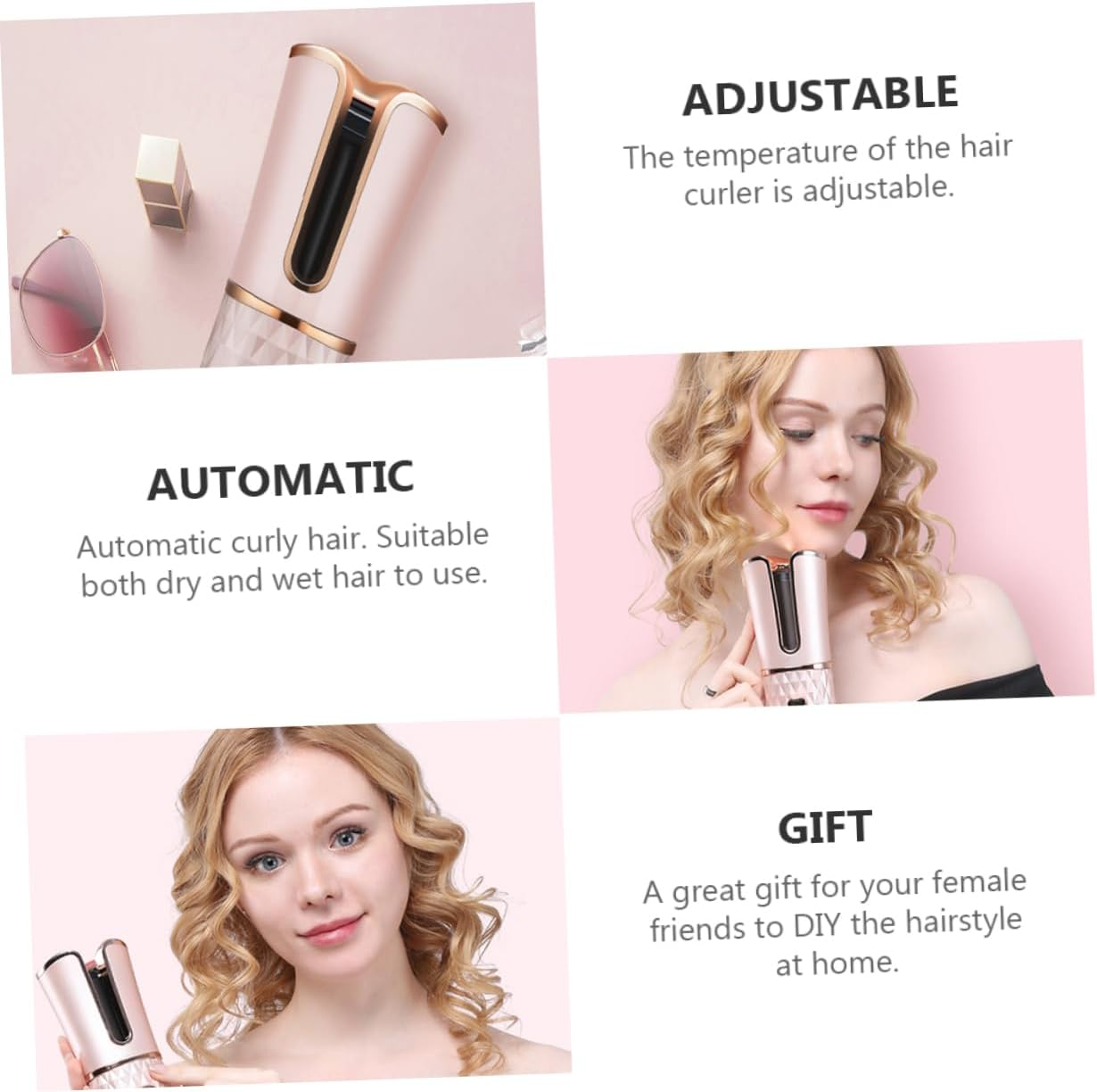 PENIKOKO Automatic Cordless Hair Curler with Temperature Portable Usb Rechargeable Curling Iron for Effortless Styling Suitable for All Hair Types Pink