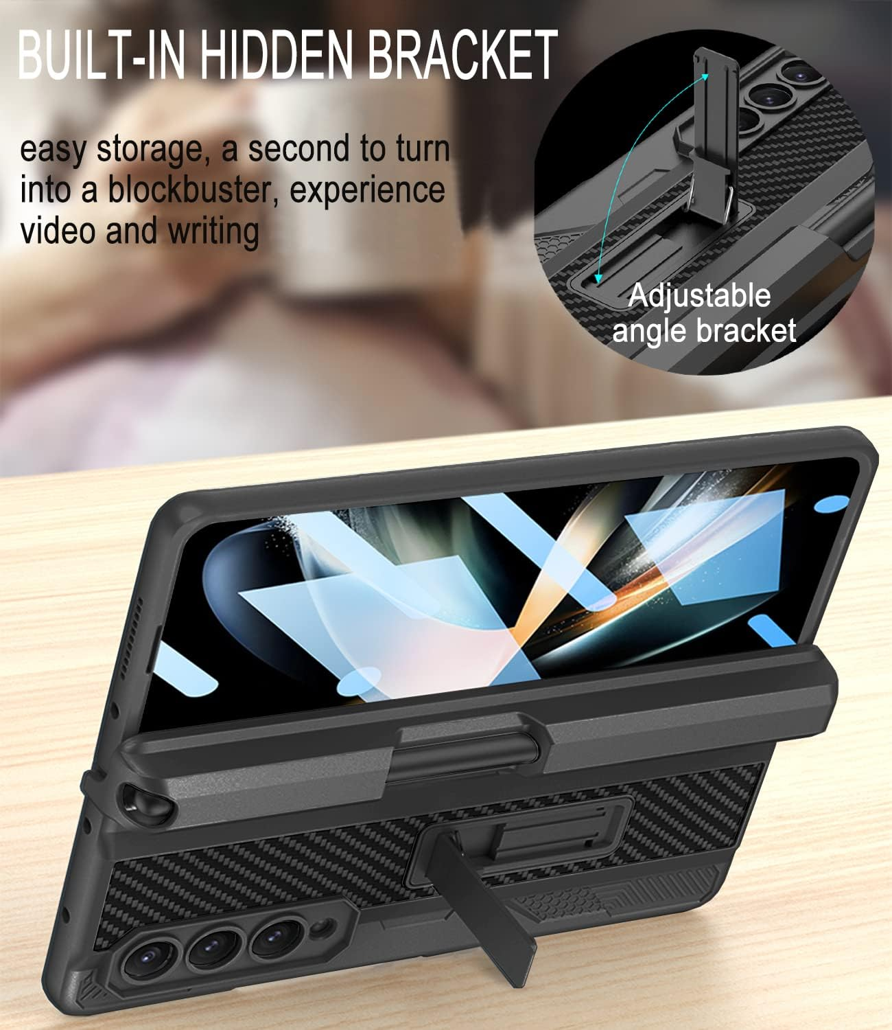 COCOING Samsung Z Fold 4 Case with S Pen Fold Edition, Hinges Protect Built-In Pen Holder, Screen Protector, Stand, Military Drop Protection (Black) image number 4