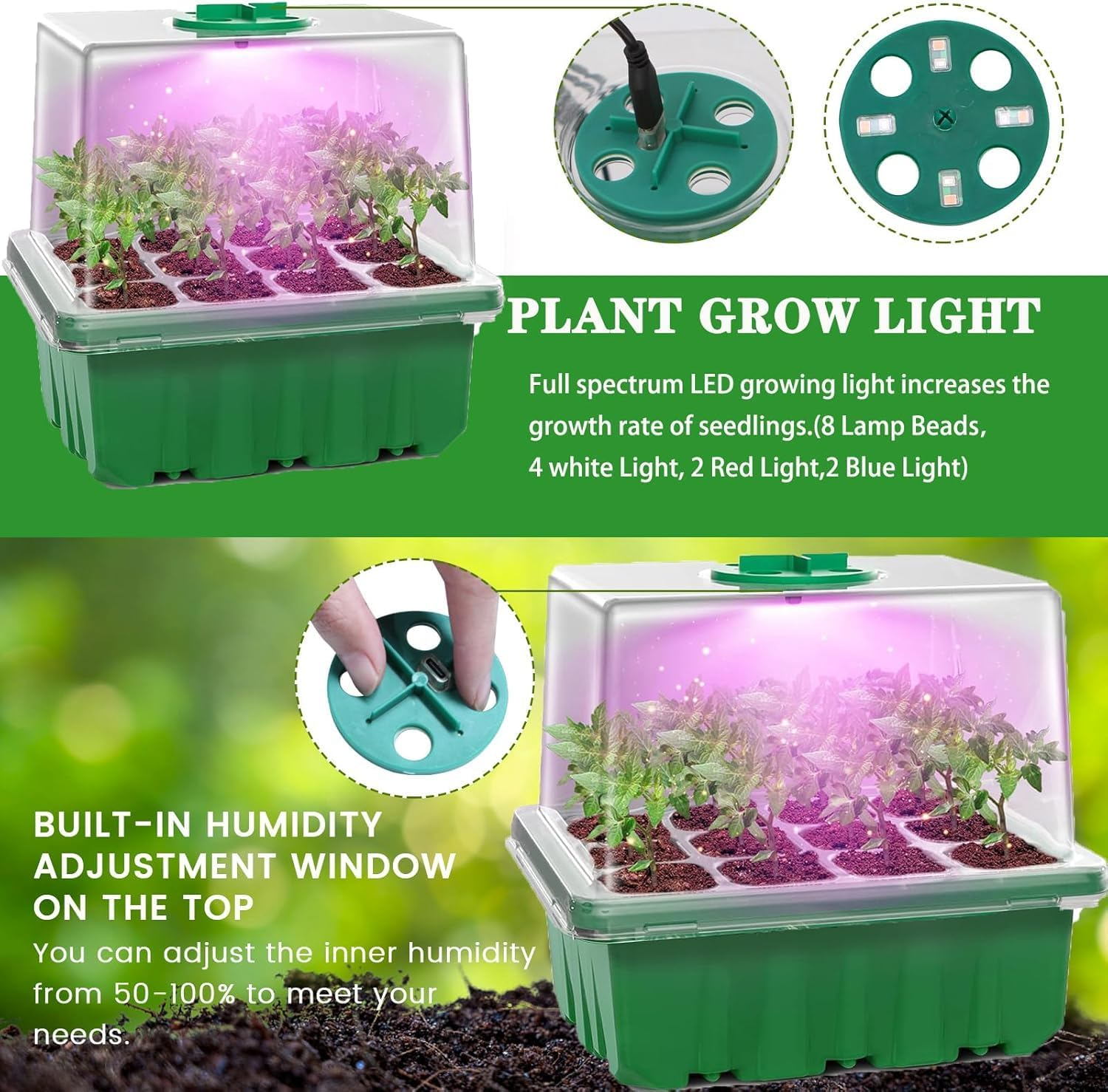 Seed Trays with Grow Light, 5 Pack 60 Cells Growing Trays Propagator Growing Thicken Seedling Starter Adjustable Brightness & Humidity,2 Meters Timing Controller for Greenhouse Grow Plant Seed image number 3