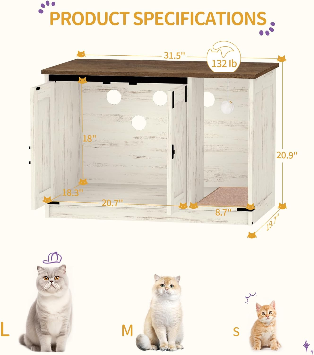 Hzuaneri Cat Litter Box Enclosure, Hidden Litter Box Cabinet Furniture with Bell, Indoor Cat House, Farmhouse Style, 31.5 X 19.7 X 20.9Inches, for Hallway, Bedroom, Rustic Brown and White CB82414X image number 4