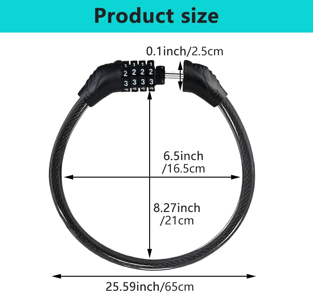 65CM Cable Lock, Combination Safety Code Cable Lock, Multiple Using Cable Lock (Black) image number 3