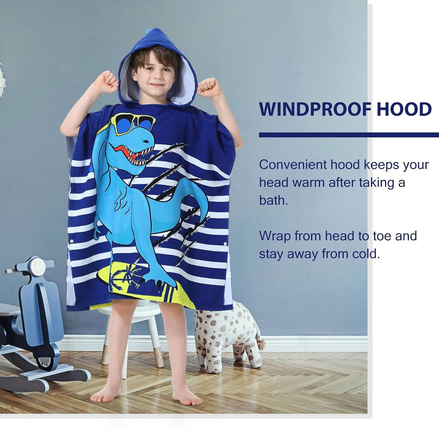 Kids Hooded Poncho Towels, Soft Microfiber Swim Cover-Ups for 4 to 15 Years Old, Hooded Kids Beach Towels, Swimming Pool Changing Robe Bathrobe Bath Towel, Kid Hoodeds Bath Towel (Blue Dinosaur) image number 6