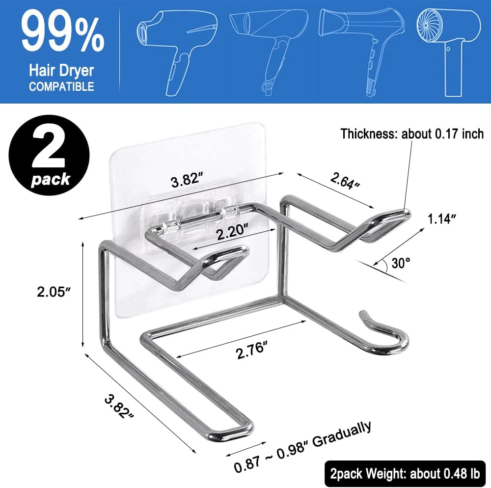 Centerz 2 Pack Hair Dryer Holder, Wall Mount Self Adhesive Waterproof Blow Dryer Rack Storage Organizer Hanger, Compatible with Dyson and Most Hair Dryers Appliance, Brush, Curling Iron, Straightener image number 6