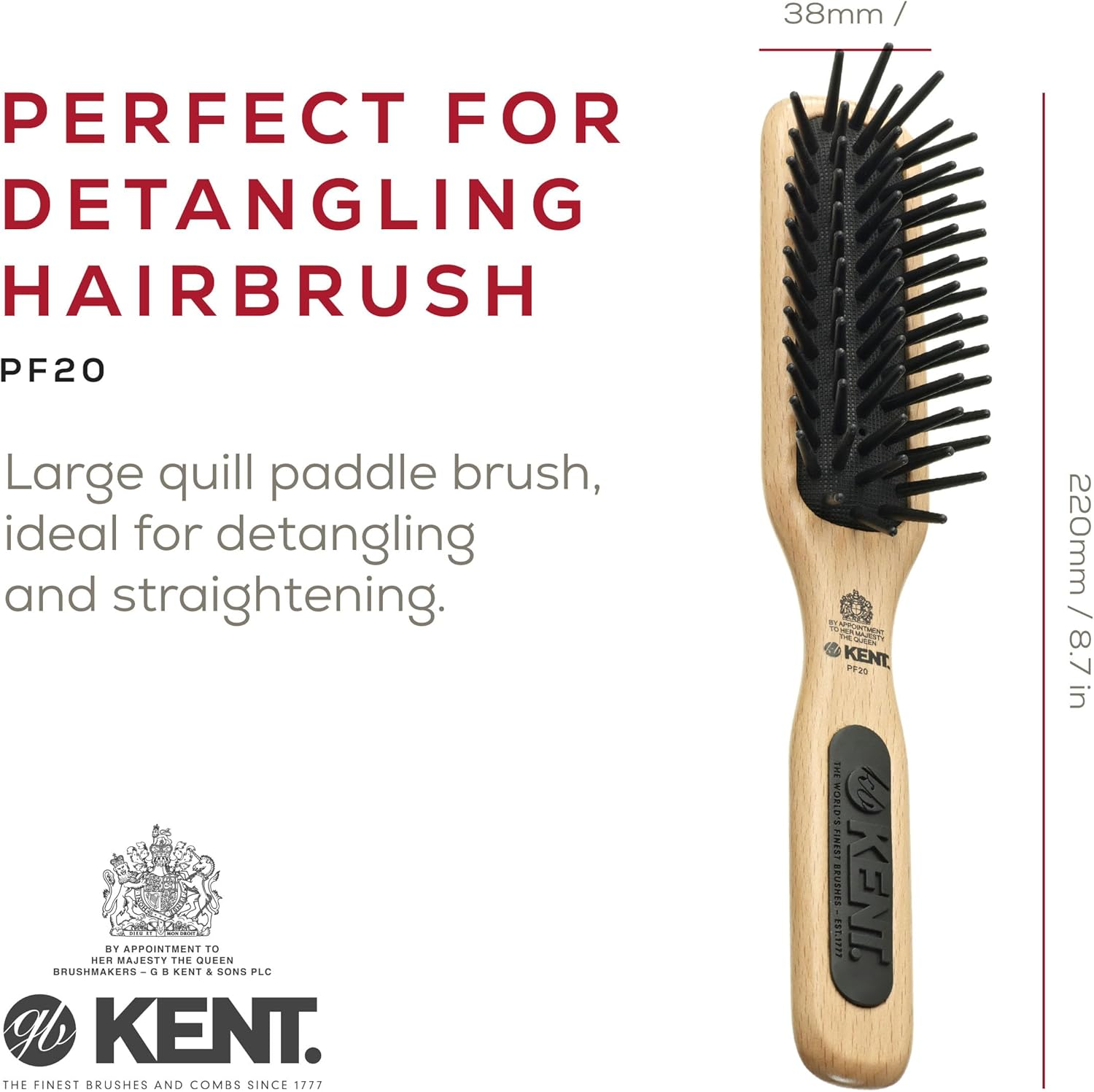 Kent Narrow Detangling Hair Brush with Large Non Scratch Nylon Quills image number 4