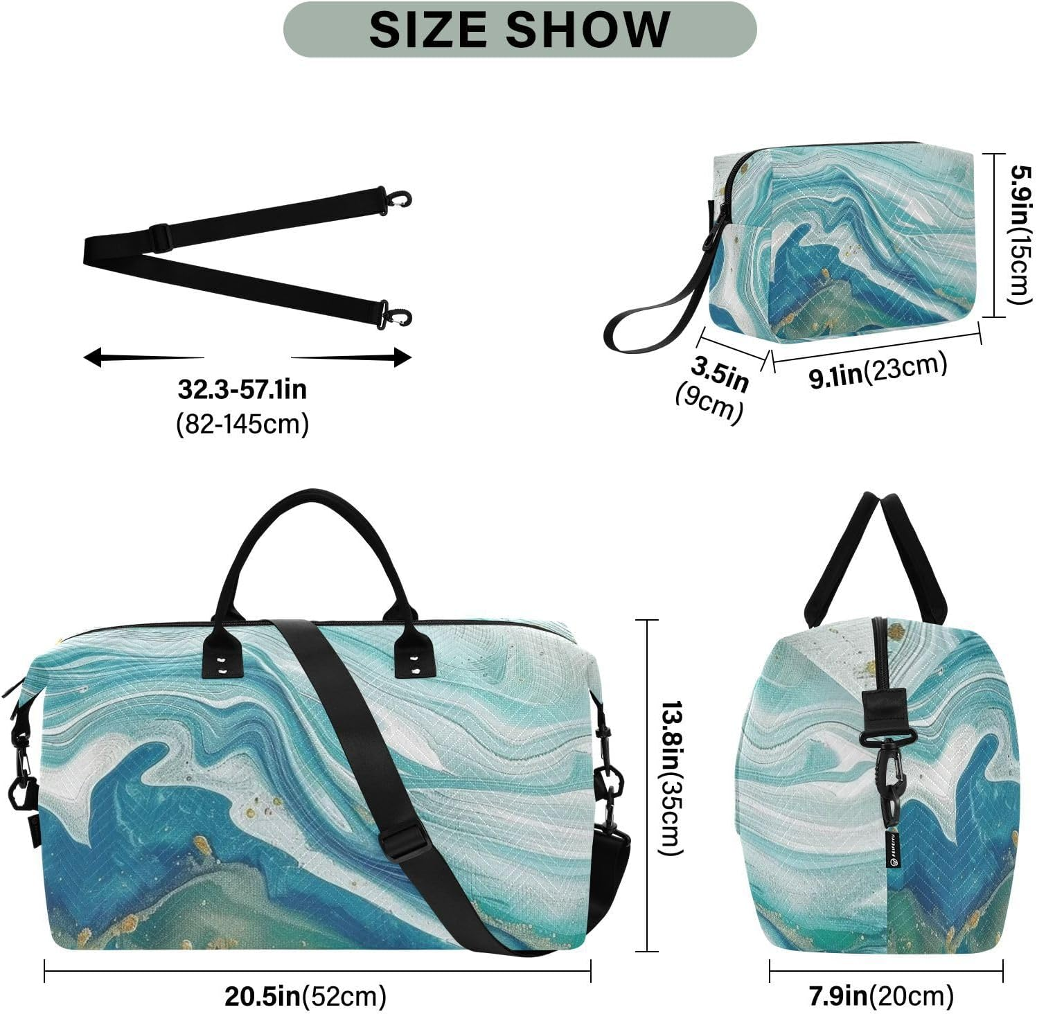 Blue-Green Marble Texture Travel Bag Overnight Bag Gym Sports Duffel Bags with Toiletry Bag for Gym Foldable, Blue-Green Marble Texture, 1 Size image number 6