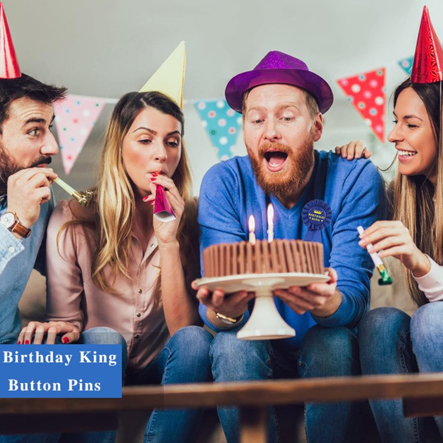 Birthday King Award Ribbon,Blue Satin Fabric Birthday Men Tinplate Badge Pin,Happy Birthday Party Accessory Brooch Pins,Happy Birthday Boy Party Button Pins（Blue） - Blue image number 5