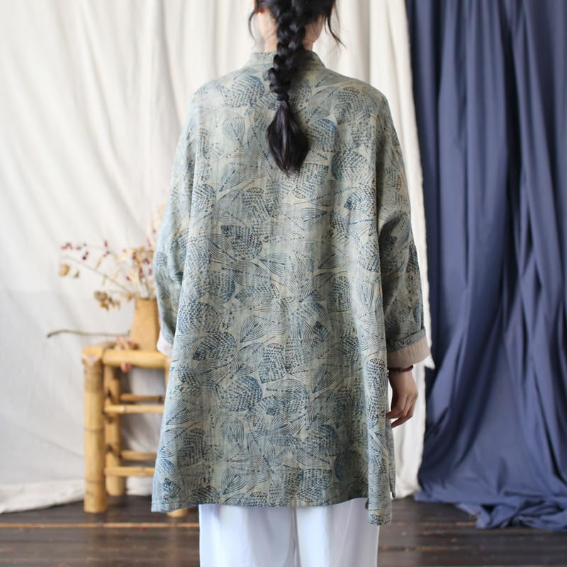 Women'S Vintage Chinese Style Cotton Linen Jacket Long Sleeve Frog Button Loose Leaf Print Tunic Top image number 5