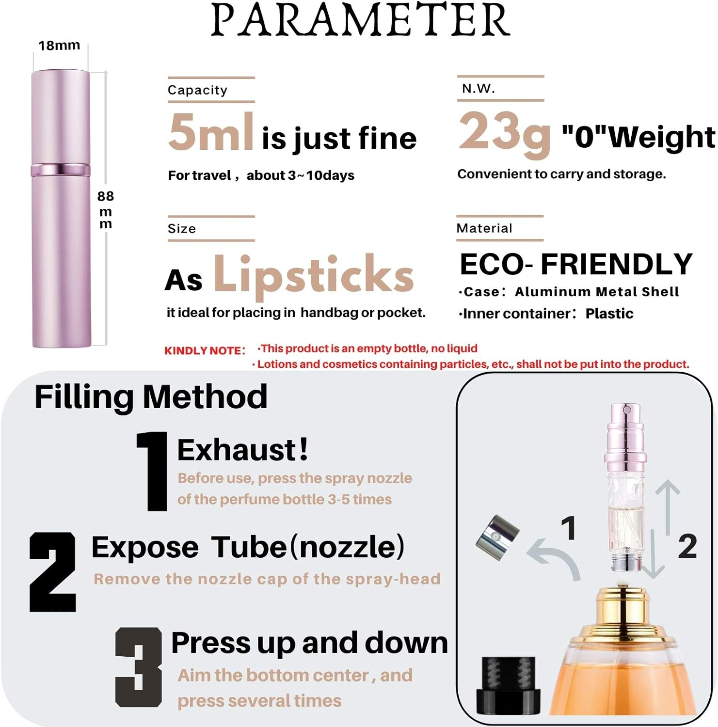 Asanana Perfume Atomizer Bottle, Refillable and Leak Proof Empty Perfume Atomizer for Men and Women, 5ML (Pink) - Black image number 2