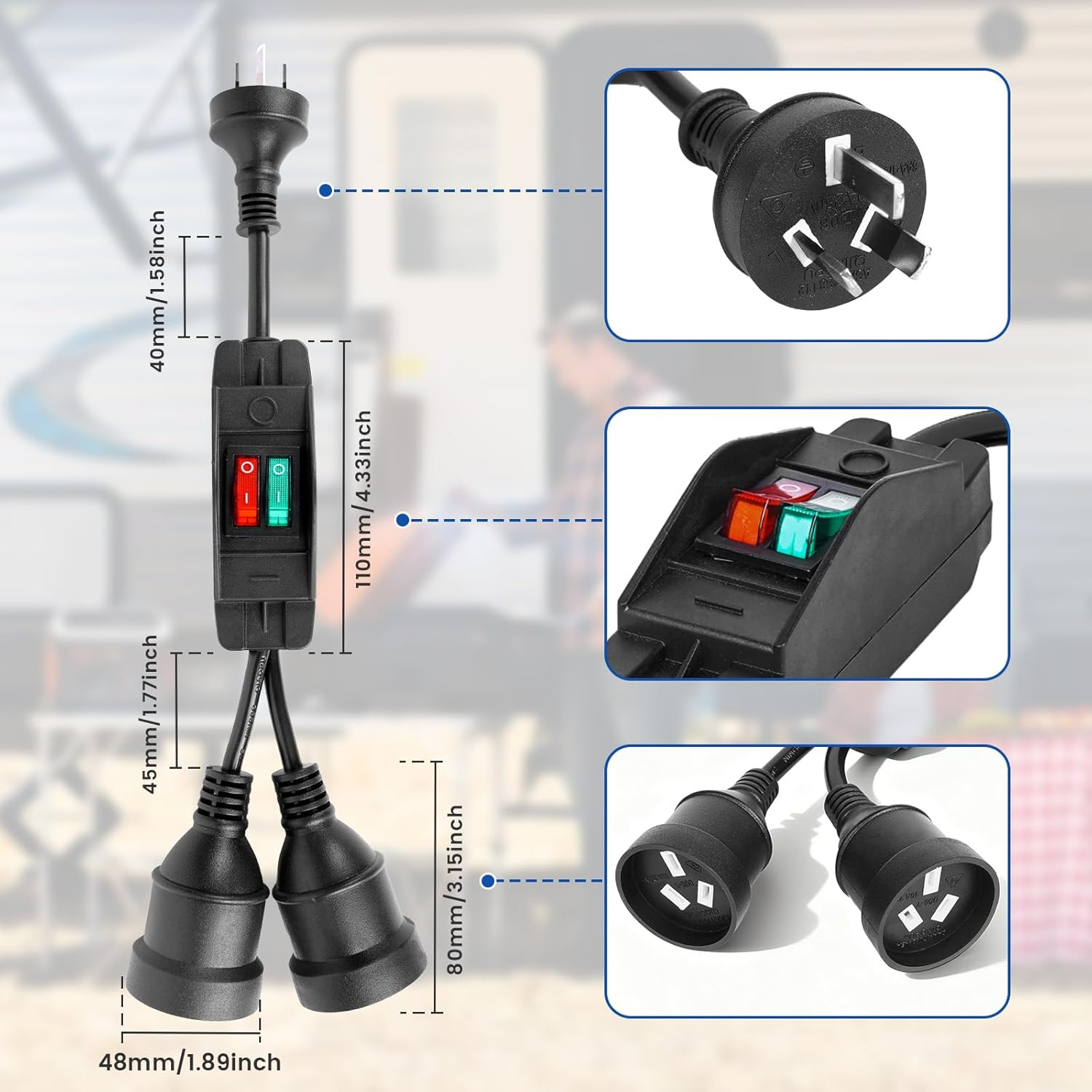 1-To-2 Power Extension Cord, 3 Prong Splitter with On/Off Switch, 34CM Short Extension Cord, Heavy Duty, 10A 2500W Max, AC110-250V image number 1