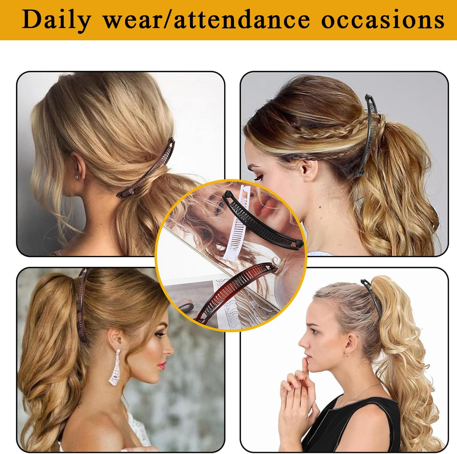 Pack of 3 Banana Clip Large, Banana Clip Hair Accessories, Fishtail Hair Combs Ponytail Banana Clips, Hair Accessory for Women and Girls, for Ponytail, (Brown, Black, White)