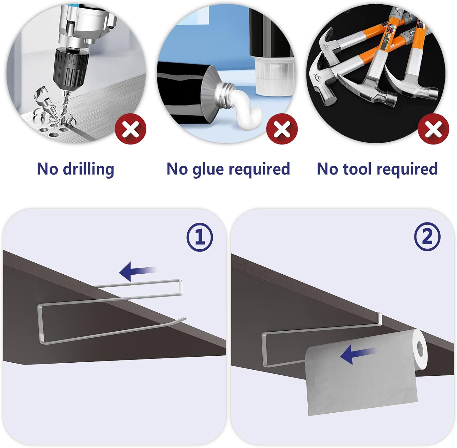 Paper Roll Holder, KIKISML 2 Pack Paper Towel Holder Cabinet Hanging Kitchen Roll Hanger Dispenser Storage Rack Towel Necktie Bedroom Toilet Organization Storage [No Drilling No Tool Required], White image number 5