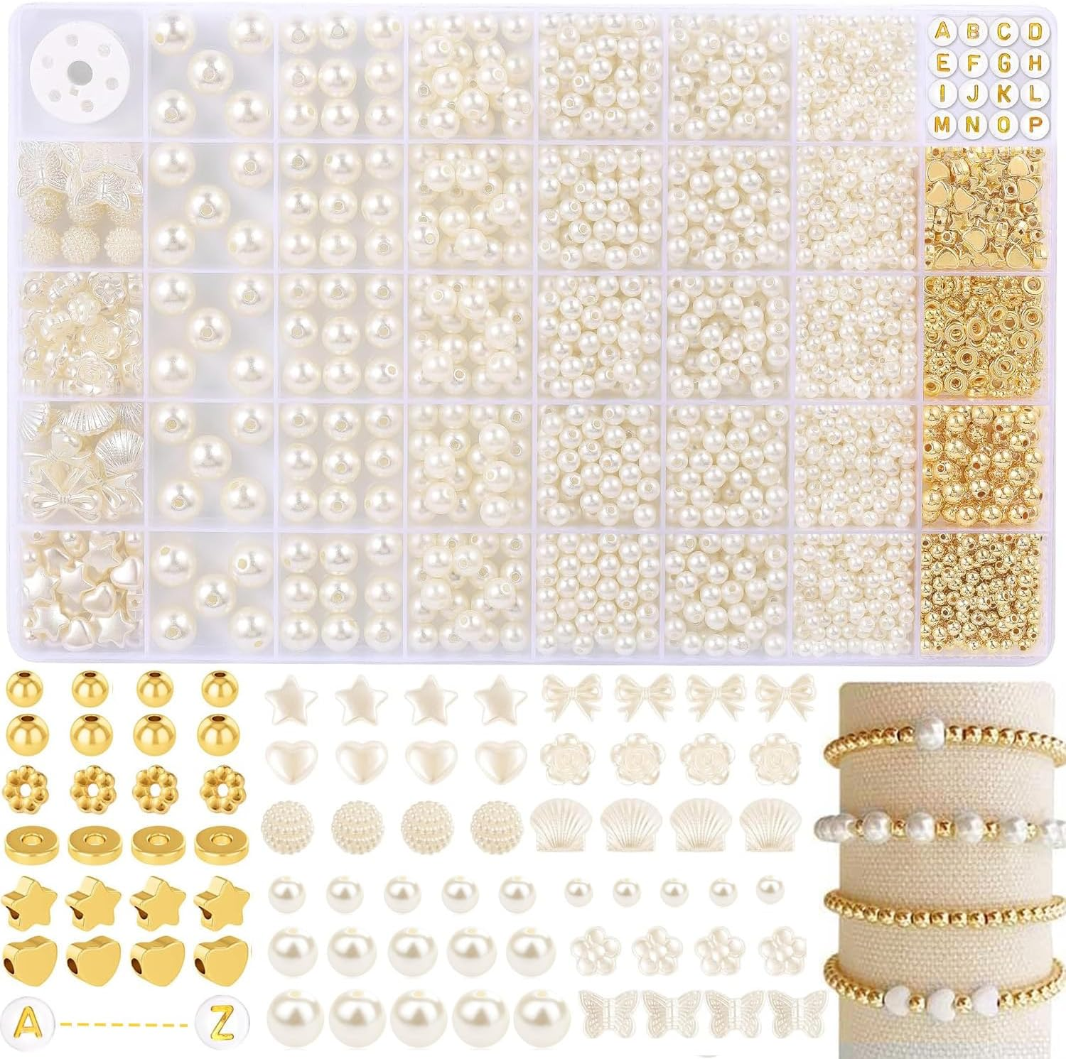 IONPSHG 1860Pcs Beads Bracelet Making Kit with 5 Sizes round White Pearl Beads, Multi-Shape Pearls & Gold Spacer for DIY Jewelry Making, Art Crafts Gifts for Women Girls image number 2