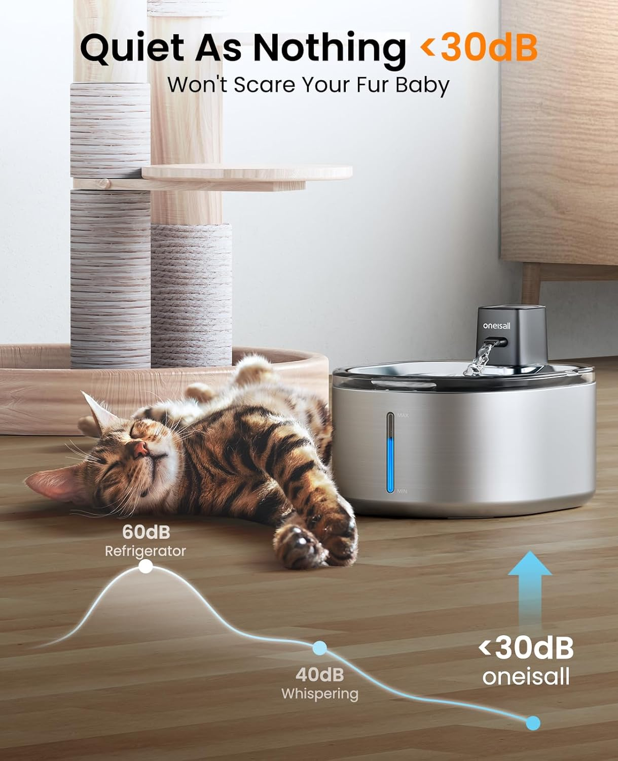 Oneisall 4L Drinking Fountain for Cats, Wireless Stainless Steel, Cat Fountain Wireless with Motion Sensor, 60 Days Operating Time per Charge, Super Quiet Pump, Filter, Water Fountain for Cats, Small image number 3