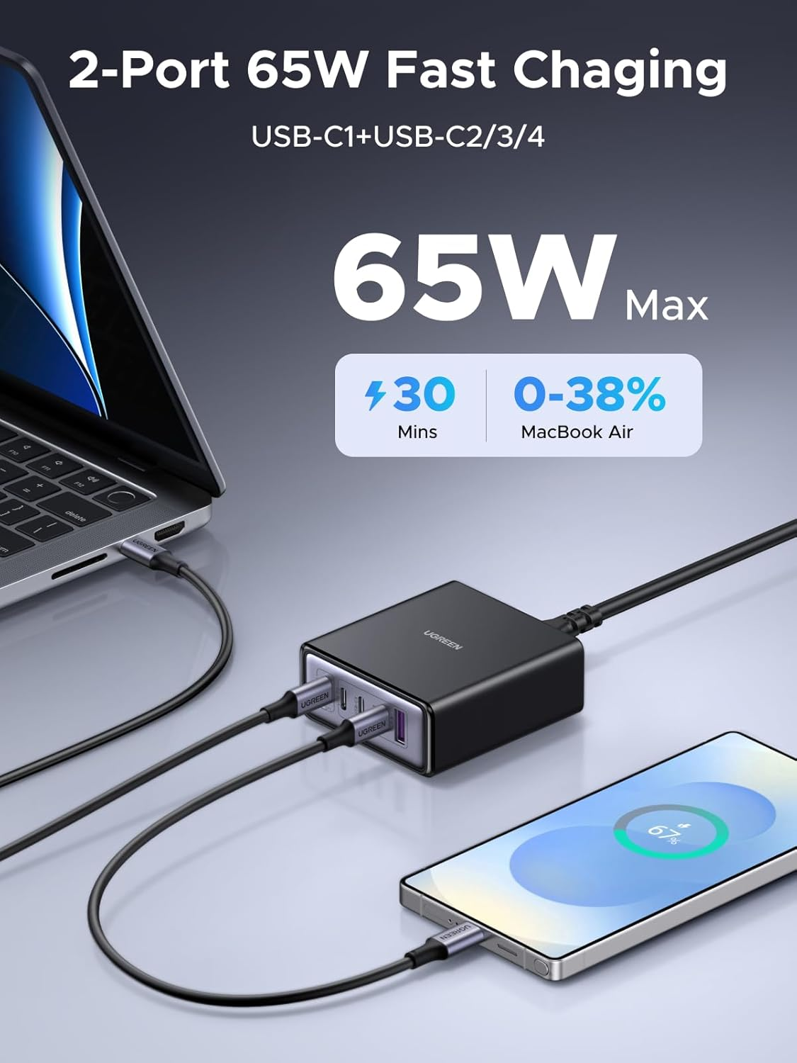 UGREEN 65W USB C Charger, 5 Ports Desktop Charger Nexode Gan II Charging Station, Fast Laptop Power Adapter for Macbook Air/Pro, Iphone 17 Pro Max, Galaxy S25 Ultra(Pps 45W) Pixel 10, Ipad, Steam Deck image number 6