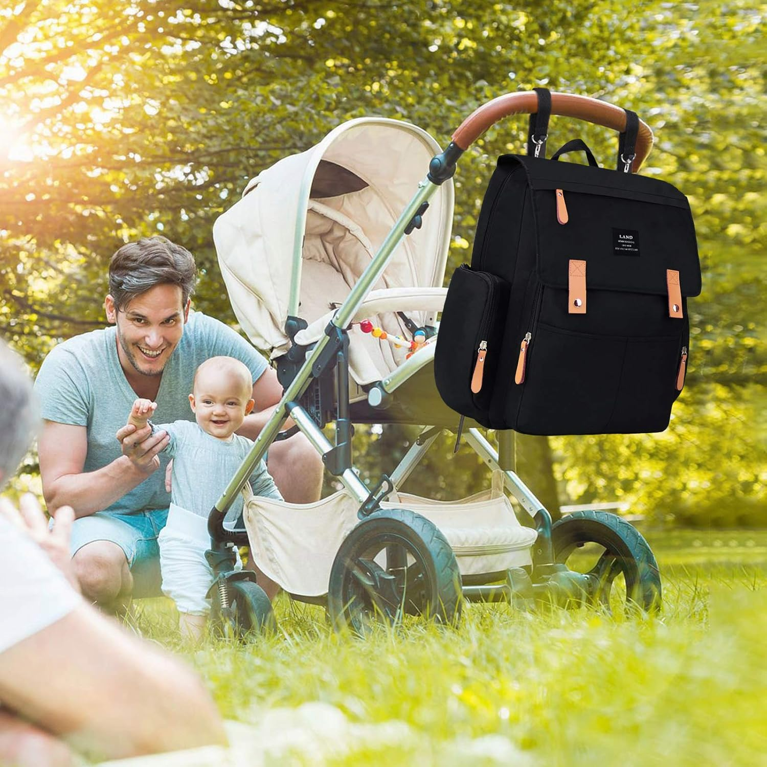 Land Backpack Diaper Bag for Mom/Dad, Baby Care Nappy Bag for Boys/Girls, Waterproof Travel Knapsack, Changing Pad (Pure Black) image number 4