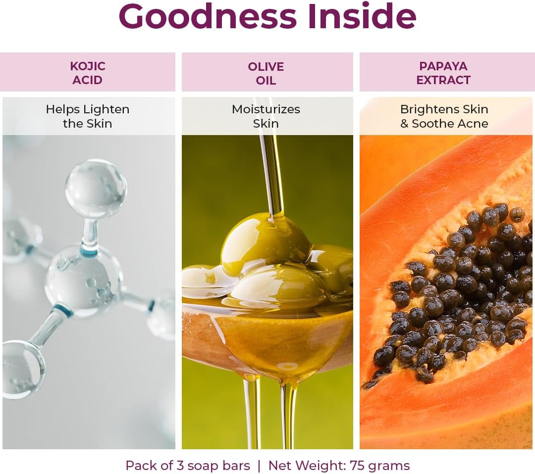 Kozicare Papaya Soap | Dark Spot Remover & Glowing Skin | Kojic Acid, Olive Oil & Papaya Extract | Moisturizing for Face & Body | Natural Brightening Papaya Soap for Men & Women &ndash; 75Gm (Pack of 12) image number 3