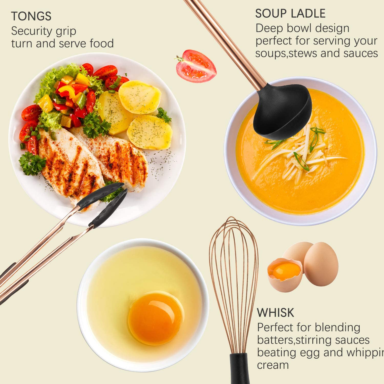 MIBOTE 19Pcs Silicone Cooking Kitchen Utensils Set with Stainless Steel Handle and Holder, Bonus High Value Stainless Steel Measuring Spoons image number 4